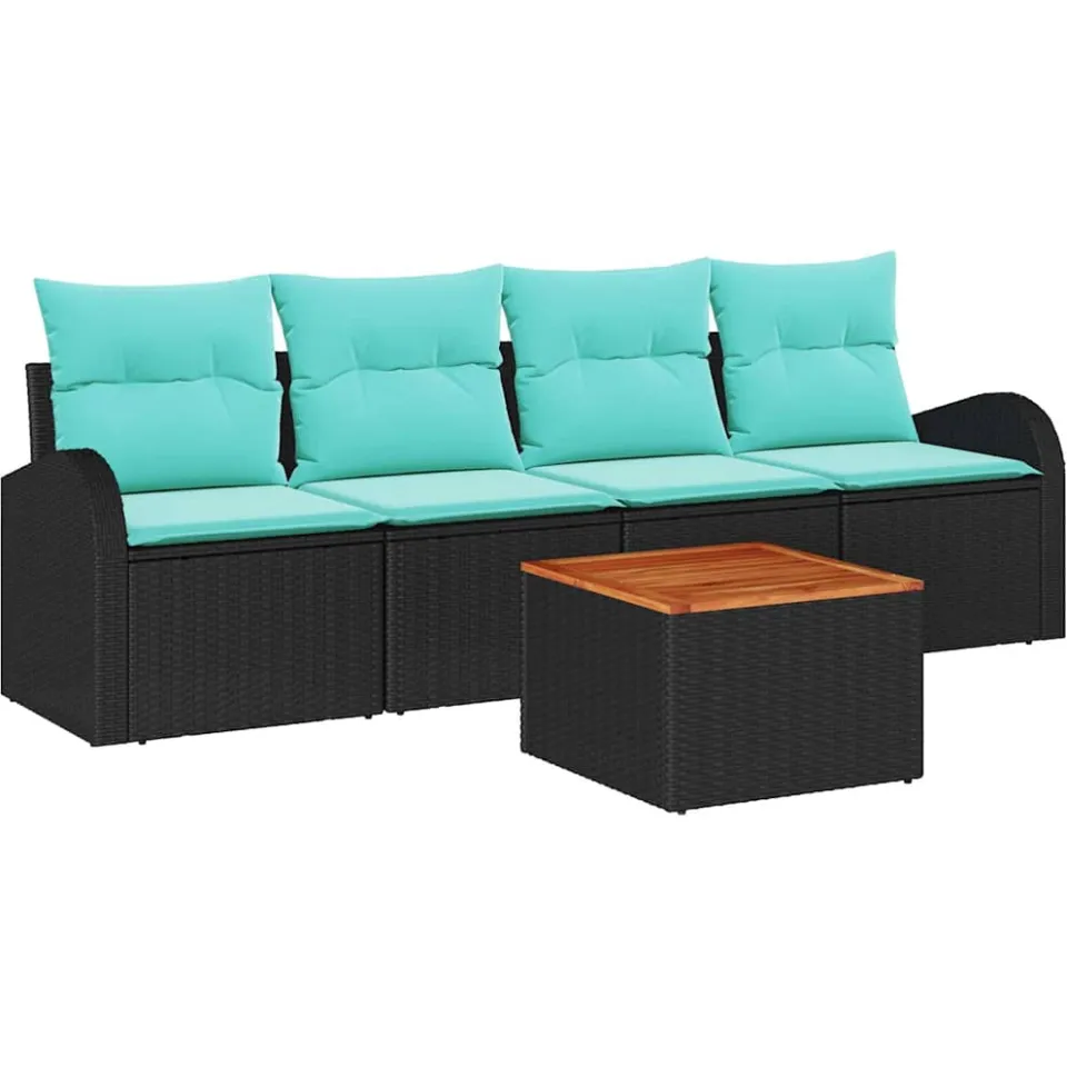 vidaXL Tuinbankenset 5 st Zwart en Turquoise poly rattan