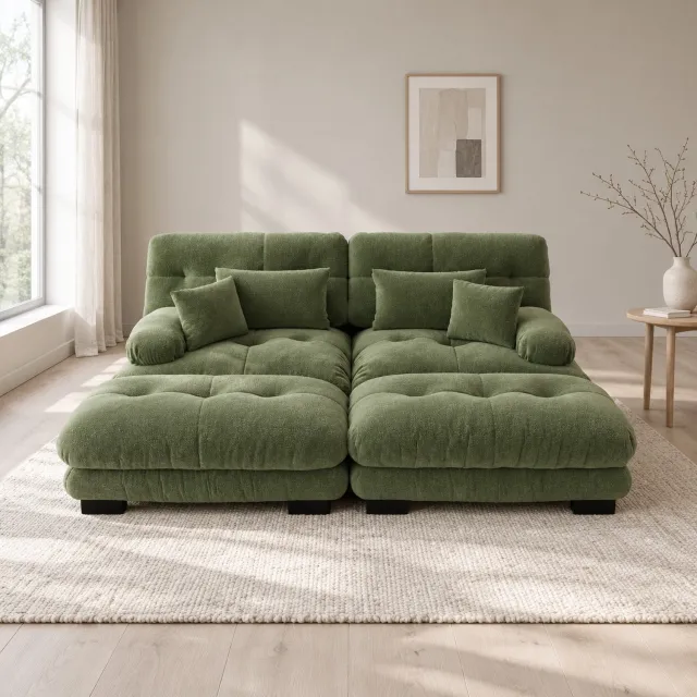 WUVRIE Modulaire hoekbank 220x145x81 cm - Chenille met 2 ottomans en kussens - Groen