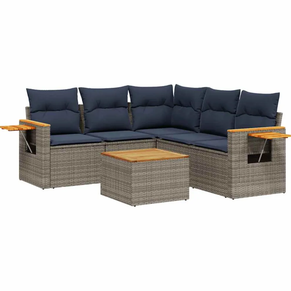 vidaXL 6-delige Loungeset met kussens poly rattan grijs, foto 3