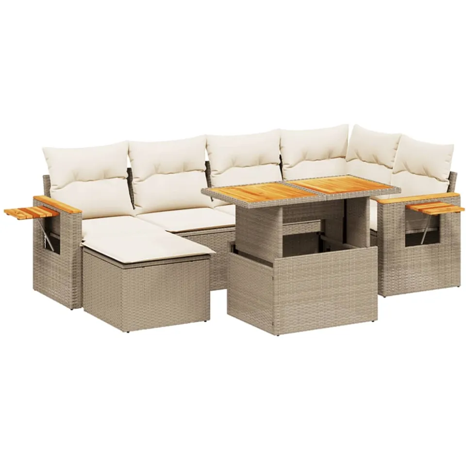 vidaXL 7-delige Loungeset met kussens poly rattan beige, foto 3
