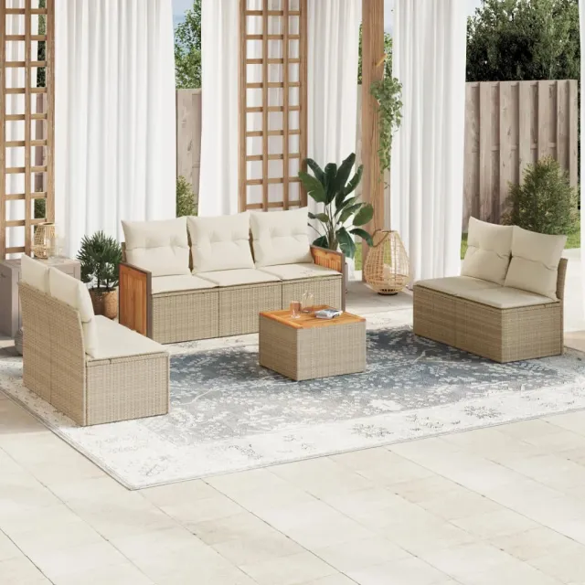 vidaXL 8-delige Loungeset met kussens poly rattan beige, foto 2