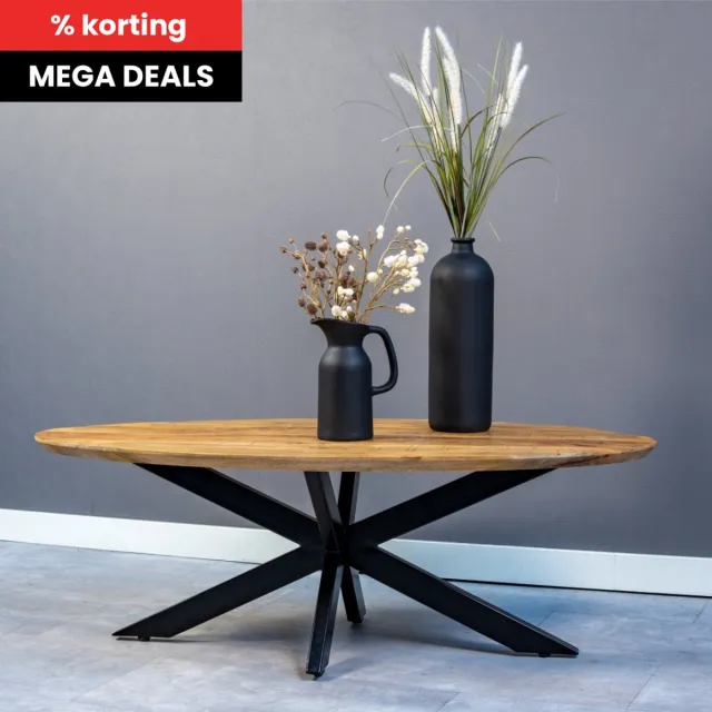 Mahom Mangohouten Salontafel Vicenza Ovaal Mahom Industrieel - Kleine tafel van Mangohout & Metaal - Industriële Huiskamertafel Bruin