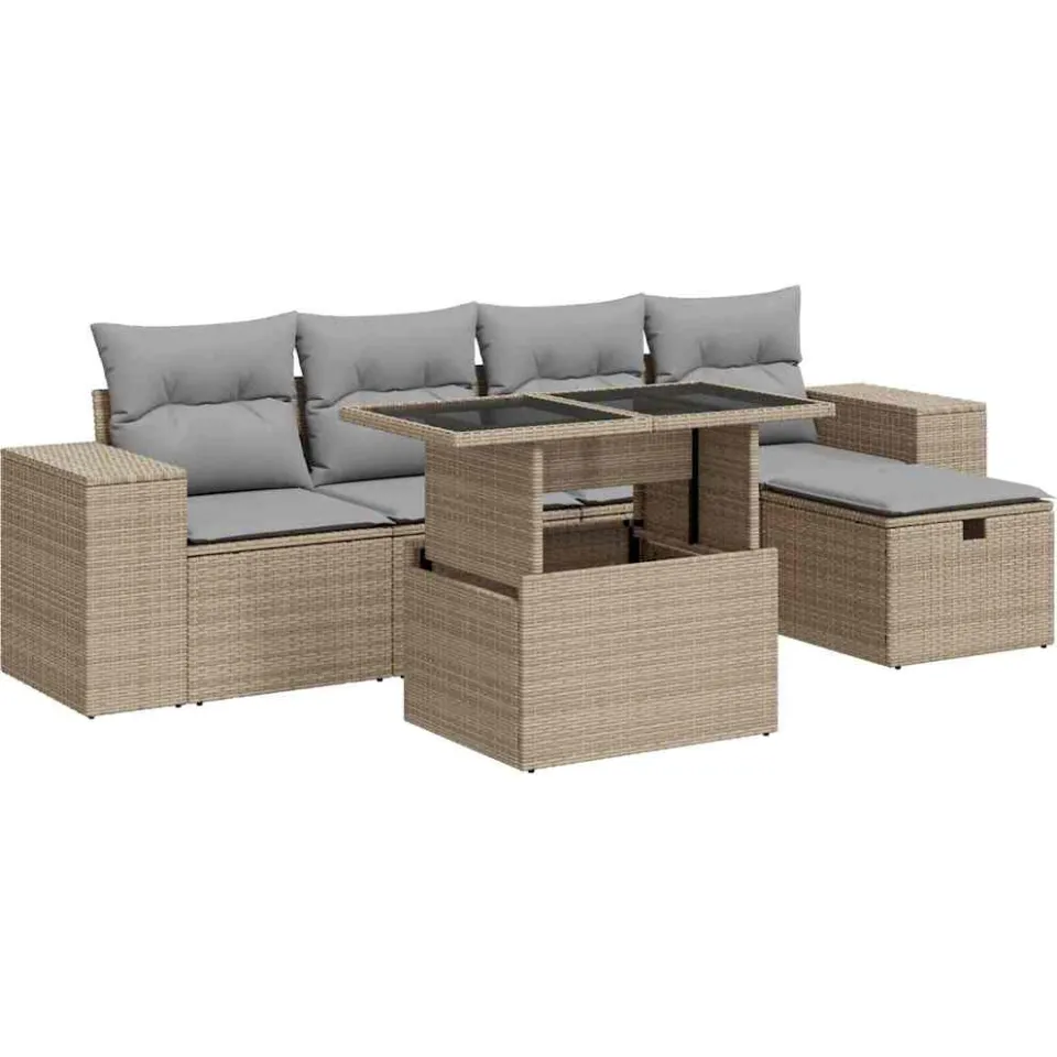 vidaXL 6-delige Loungeset met kussens poly rattan beige, foto 3