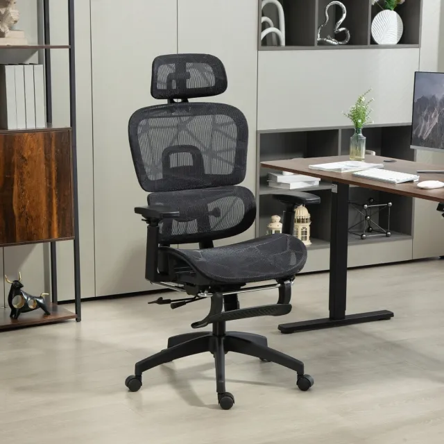 REDOM Bureaustoel - Ergonomisch - Verstelbare hoofdsteun en lendensteun - Wipfunctie en ligfunctie - Met armleuningen en wielen - Mesh - Zwart - 66 x 64 x 114-122 cm