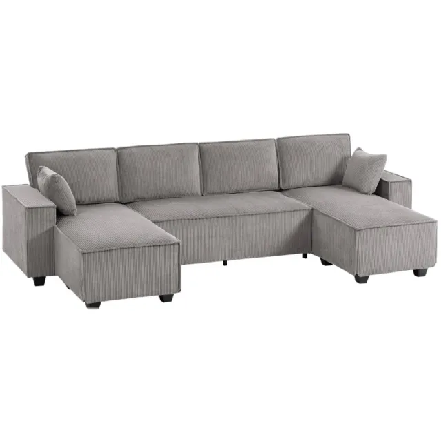 ZYLARO Hoekbank met Dubbele Chaise Longues - U-vormige Corduroy Bank - Brede en Diepe Zitting - Binnenveringskussens - Lichtgrijs