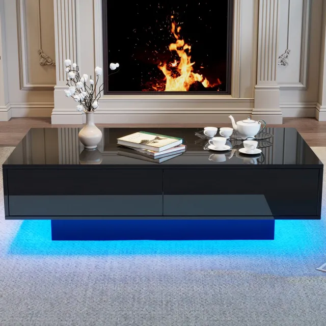 HAUSS SPOLE Salontafel - Hoogglans Met Ledverlichting En 2 Lades - Modern Voor Woonkamer - Spaanplaat - 115 X 55 X 34 Cm - Zwart