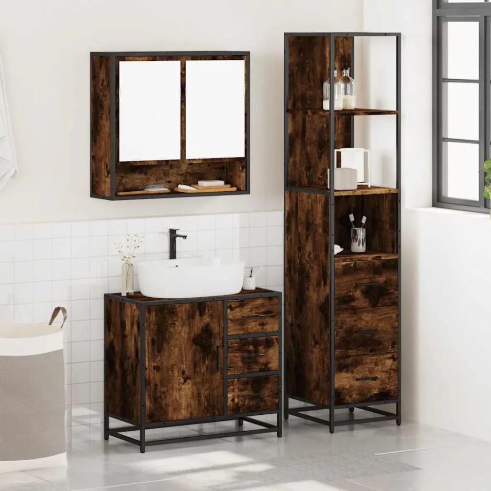vidaXL 3-delige Badkamermeubelset bewerkt hout gerookt eikenkleurig, foto 2