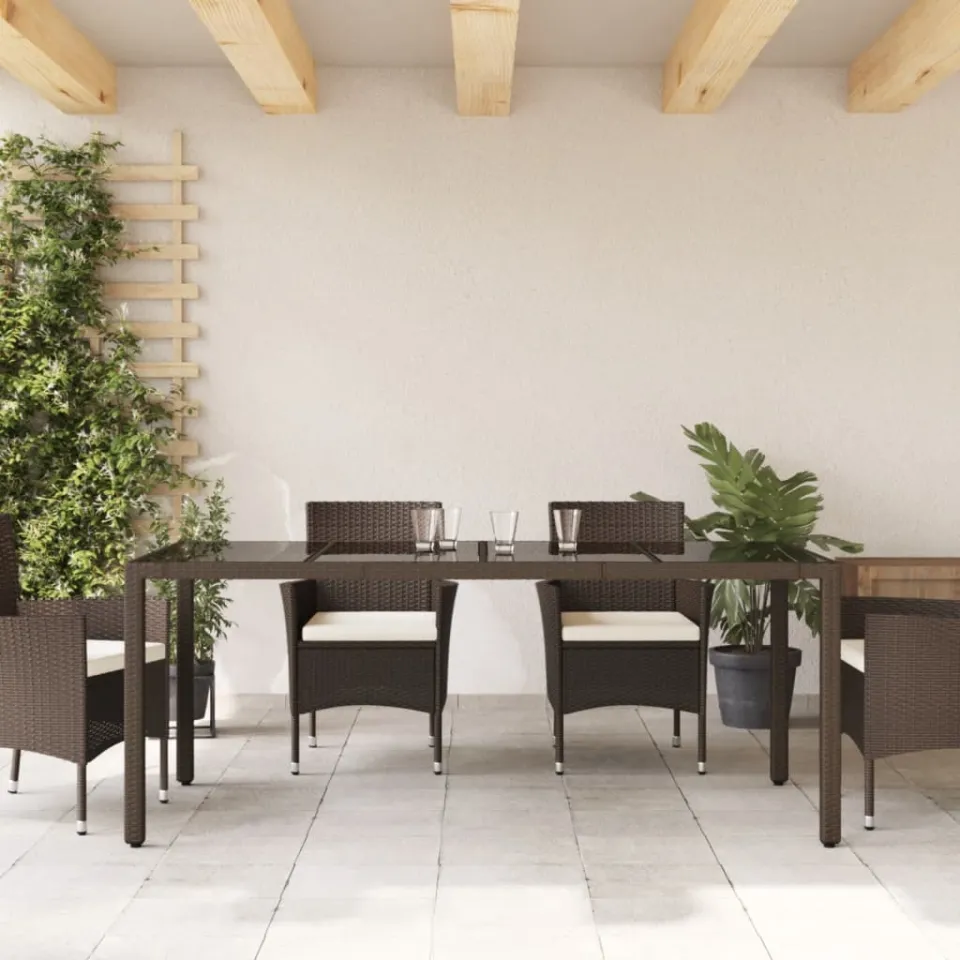 vidaXL Tuintafel met glazen blad 190x90x75 cm poly rattan bruin, foto 3