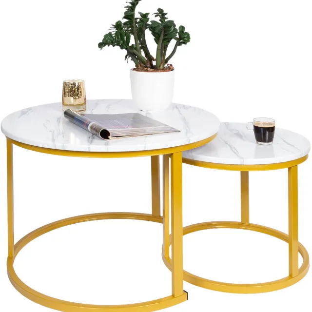 Casamoda Salontafel set van 2 - ø 70/50 cm - Hoogte 45/38 cm - Bijzettafel Rond - Salon tafel Industrieel - Tafelblad Hout - Wit Marmer