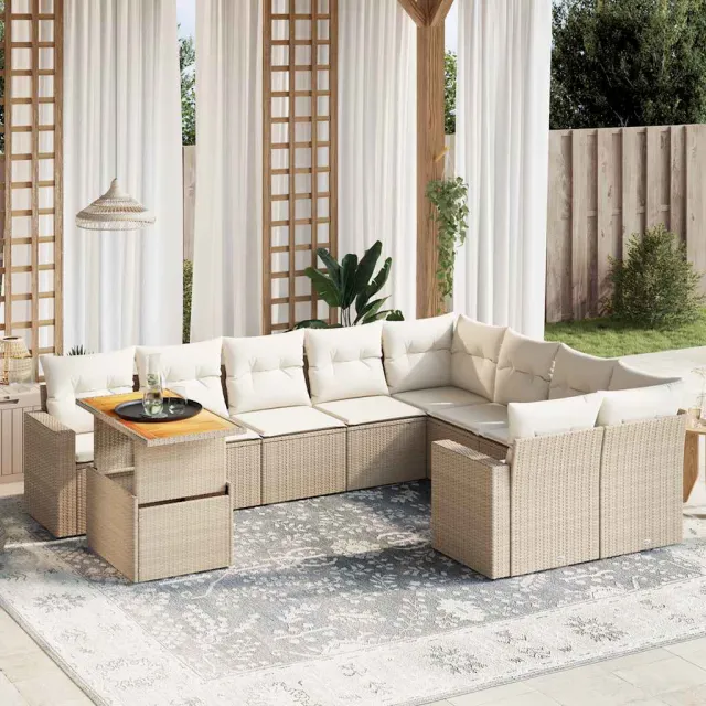 vidaXL 10-delige Loungeset met kussens poly rattan beige, foto 2