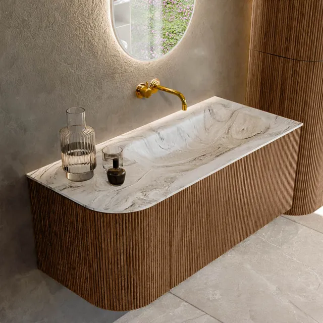 Mondiaz KURVE-DLUX 105 cm Onderkast Greeploos 1 Lade Met Deuren Walnut, Wastafel Solid Surface Rechts Glace 0 Kraangaten Zonder Spiegel (KRVBGS105L1L1D0KR-Wal/Gla)