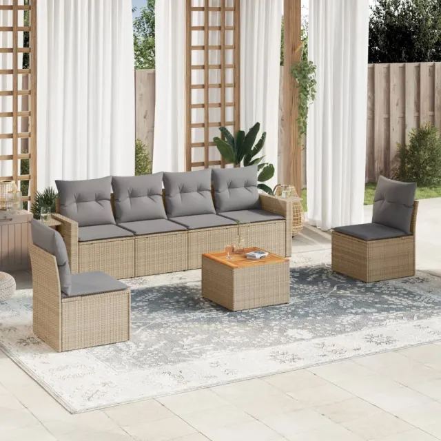 vidaXL 7-delige Loungeset met kussens poly rattan gemengd beige, foto 2