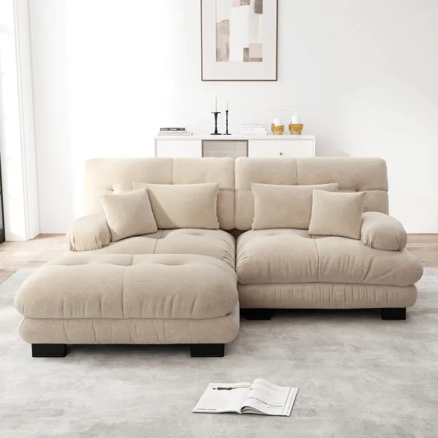 MIVRAY Hoekbank 220 x 145 cm - Modulair Cloud Sofa Met Verplaatsbare Ottoman En Kussens - Voor Woonkamer - Chenille Lichtkoffie Lichtbruin