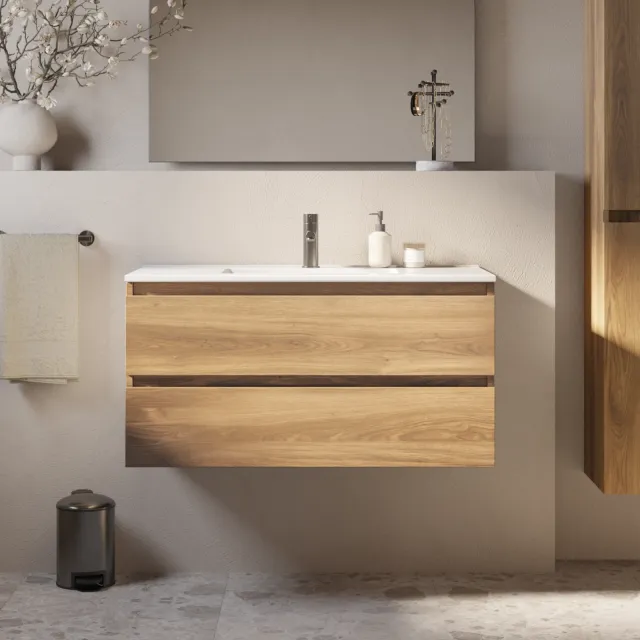 Brauer Core Meubelset 100 cm Met 2 Softclose Lades Greeploos Met Wastafel Honey Licht Bruin