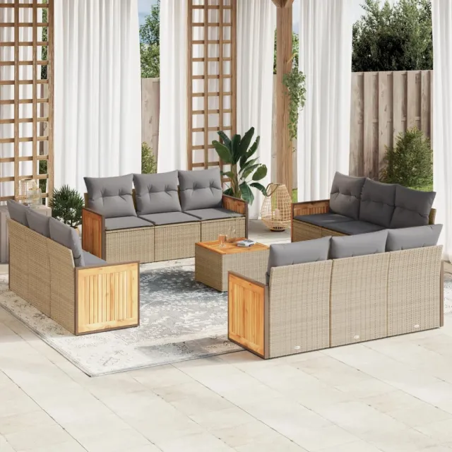 vidaXL 13-delige Loungeset met kussens poly rattan beige, foto 2