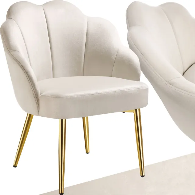Tectake Cocktailstoel - Gestoffeerd met fluwelen bekleding - Zachte vulling - Gewelfde rugleuning - Stalen poten met poedercoating - Crème/Goud