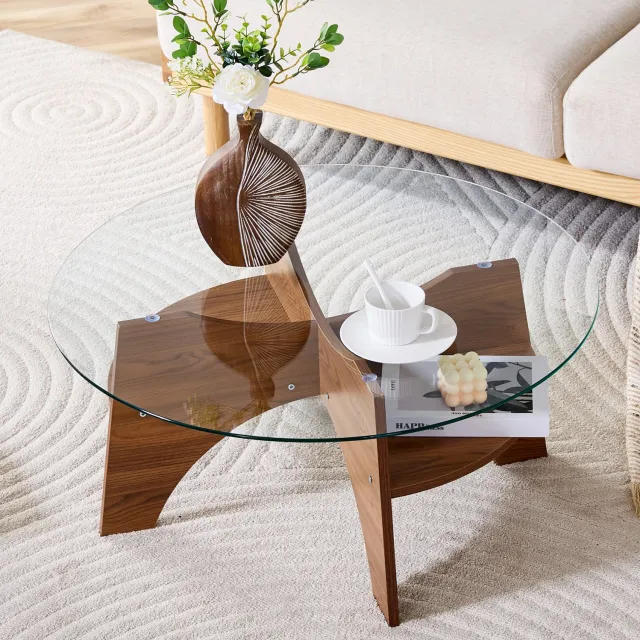 CHICFURN Bijzettafel 80 cm - Veiligheidsglas - Waaiervormig MDF onderstel - Woonkamer - Glas en MDF - Transparant en walnoot