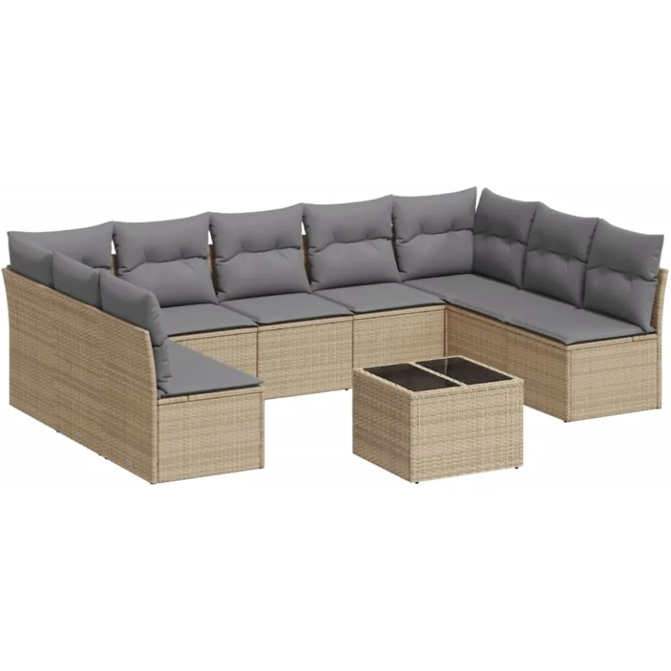 vidaXL 10-delige Loungeset met kussens poly rattan beige