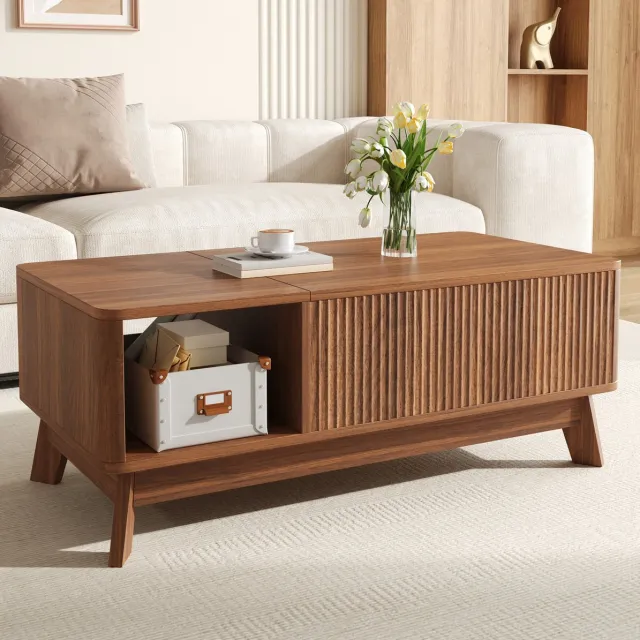 DESMIU Salontafel - Verstelbaar Tafelblad Met Verborgen Opbergruimte En Open Zijvak - Voor Woonkamer - MDF - 95x48x50 Cm - Nussbaum walnoot