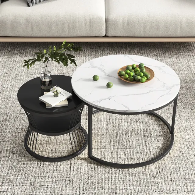 DHN Set van 2 salontafels - Moderne Bijzettafels - Zwat-Wit - Marmerlook - Chique ronde salontafels - Ronde Salontafel - Metalen Frame - Koffietafels - Woonkamermeubels Zwart - Wit