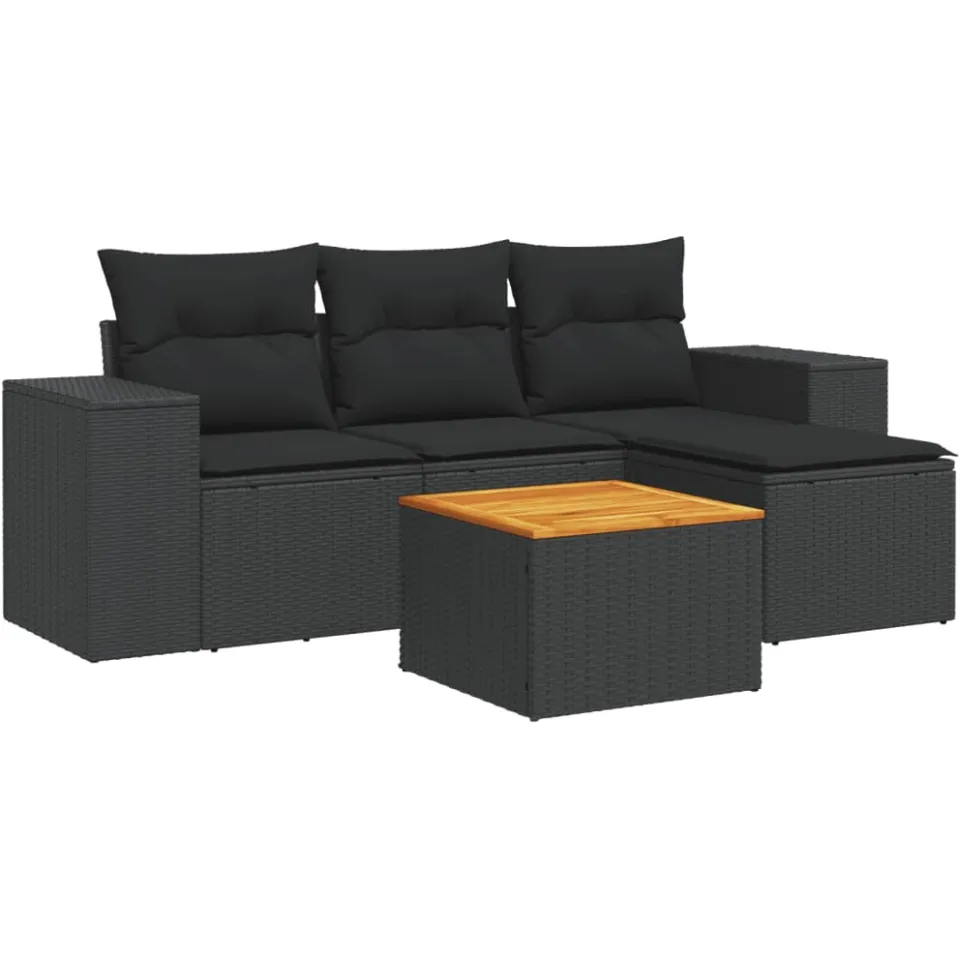 vidaXL 5-delige Loungeset met kussens poly rattan zwart, foto 3