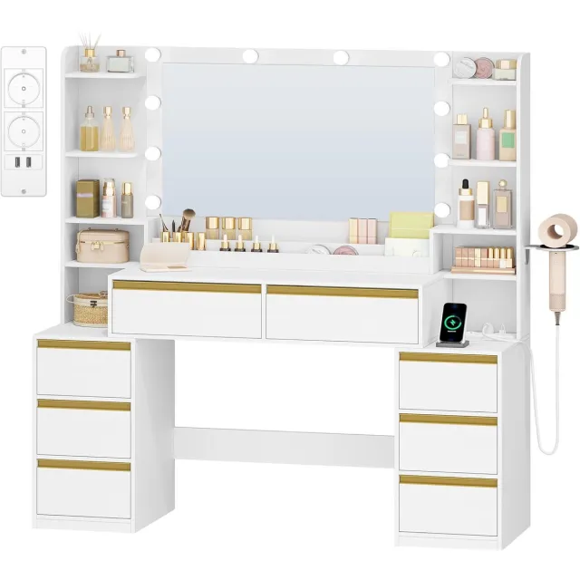 HILINSIE Grote Kaptafel met 3 Kleuren Ledverlichting, Make-uptafel met Spiegel en Verlichting, Stopcontacten, Haardrogerhouder, 8 Laden, Meerdere Open Opbergruimtes, 40 x 135 x 145,2 cm, Wit-Goud