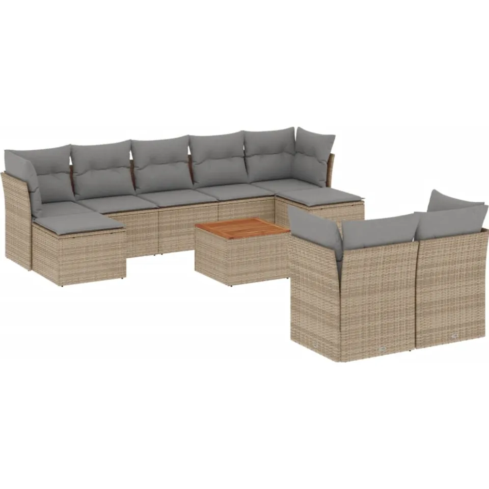 vidaXL 10-delige Loungeset met kussens poly rattan beige