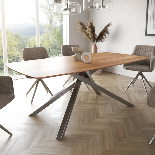 DELIFE Eetkamertafel Edge Boot acacia natuur 200x100 kruisframe rechthoek roestvrij staal Zwitserse rand Bruin