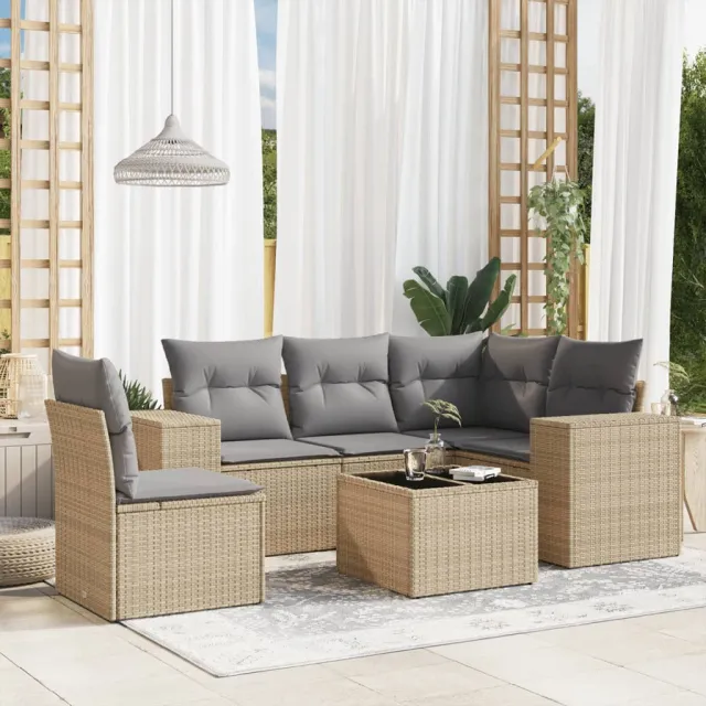 vidaXL 6-delige Loungeset met kussens poly rattan beige