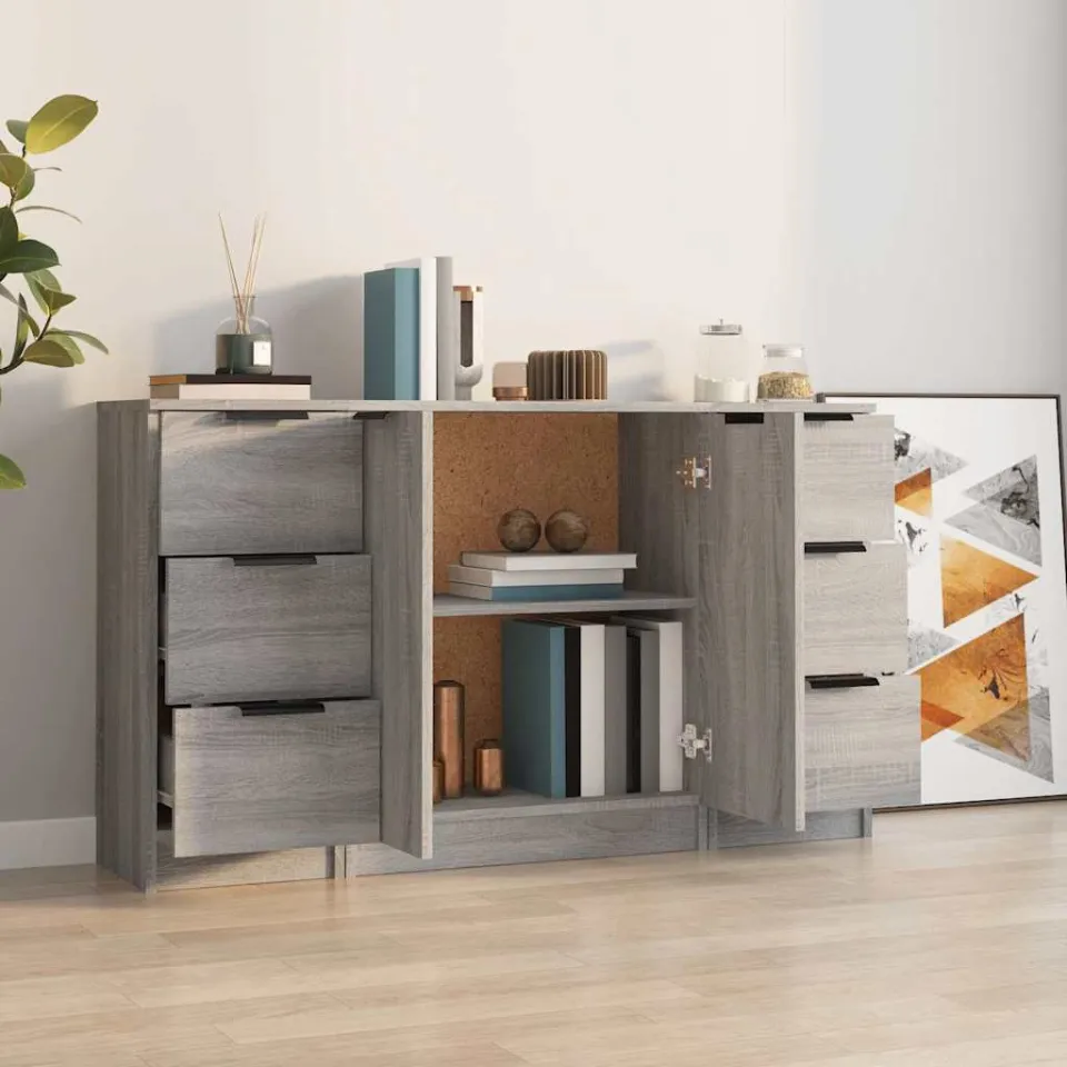 vidaXL Dressoirs 3 st bewerkt hout grijs sonoma eikenkleurig, foto 3