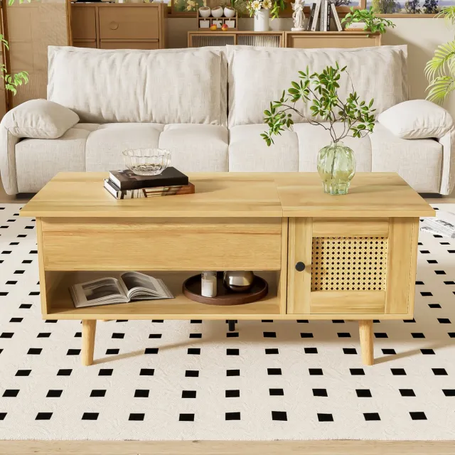 Wishdor Salontafel - Hefbaar Tafelblad En Opbergruimte - Modern - Voor Woonkamer - Spaanplaat Met Rotanlook - Houtkleur En Zwart - 103 X 50 X 46/60 Cm