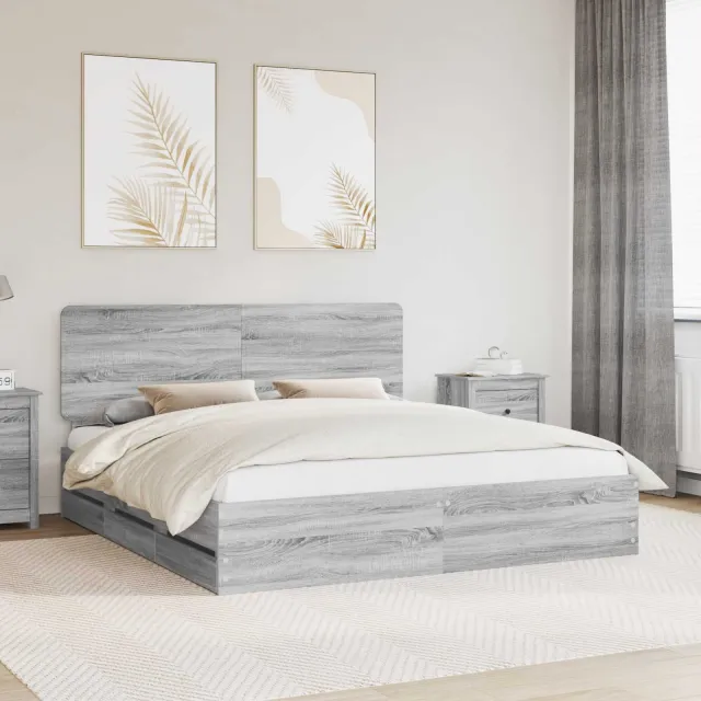 vidaXL Bedframe met lade Grijs Sonoma 200 x 200 cm Ingenieurshout