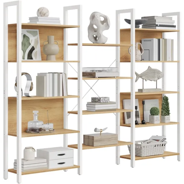 Songmics Boekenplank – Ladderplank met 14 planken – Metalen frame – Goudkleurig eikenhout – Mat wit – 158 x 24 x 166 cm