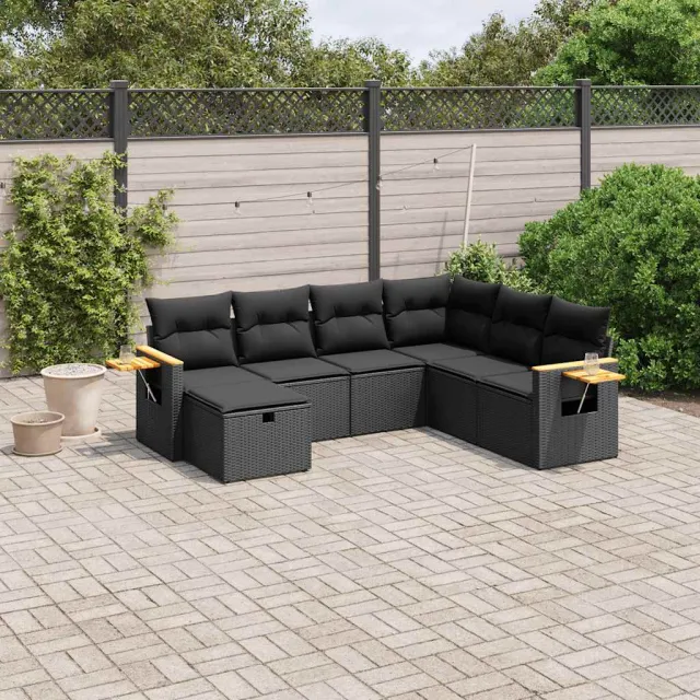 vidaXL 7-delige Loungeset met kussens poly rattan zwart, foto 2