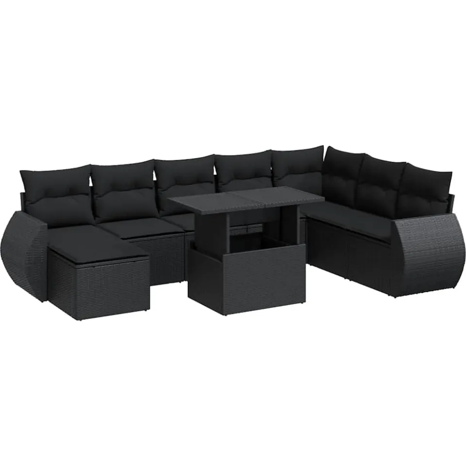 vidaXL 9-delige Loungeset met kussens poly rattan zwart, foto 3