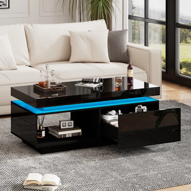 REDOM Hoogglans salontafel 100×50×40,3 cm met LED, ruime lade, zwart, luxe, 50 kg draagvermogen