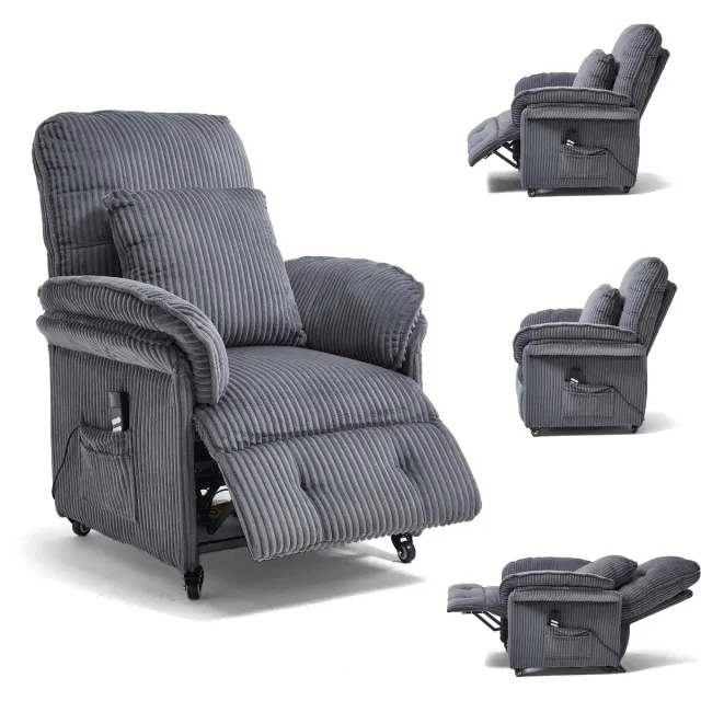 ASUKALE Elektrische relaxfauteuil met dubbele motor - woonkamerbank - tv-stoel met relaxfunctie - met wielen - verstelbare rugleuning en voetensteun - zijvakken - corduroy stof - Donkergrijs