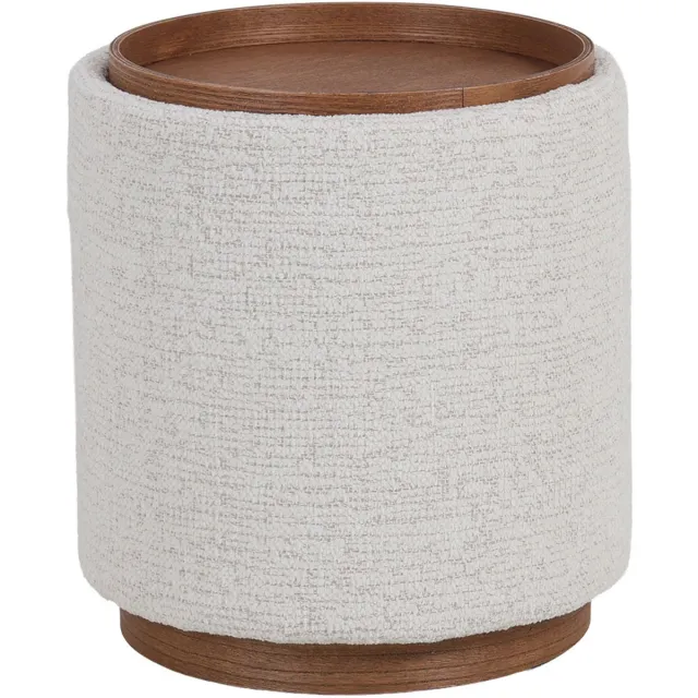 DÉJA Living Bijzettafel Marcia Beige/Walnoot – Rond – Met Opbergruimte – Essenfineer en Stof – 40x40x44 cm