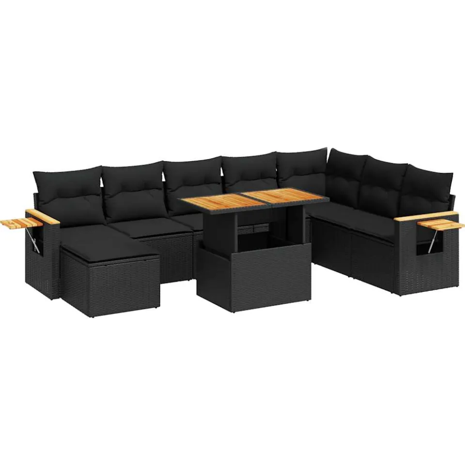 vidaXL 9-delige Loungeset met kussens poly rattan acacia zwart, foto 3