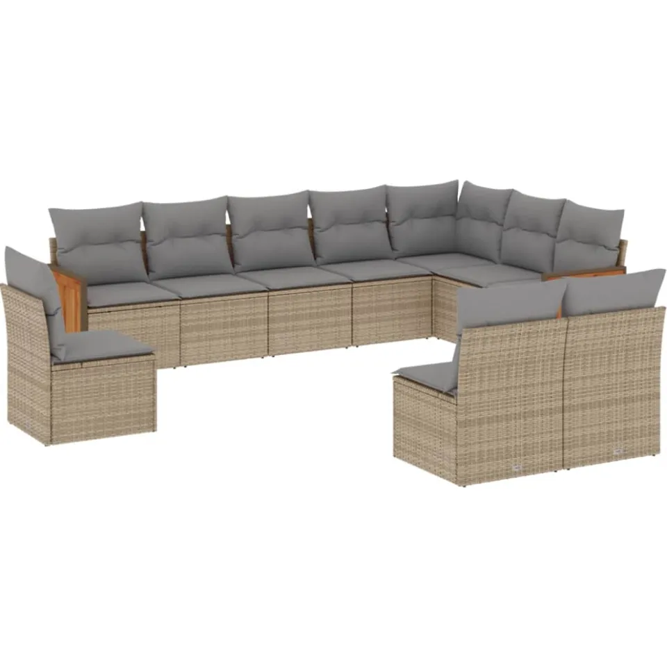 vidaXL 10-delige Loungeset met kussens poly rattan beige, foto 3