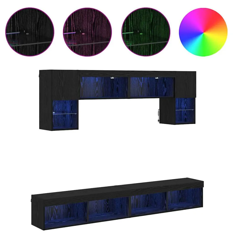 vidaXL TV Wand Eenheden met LED 6 st Zwart Eiken Bewerkt hout, foto 4