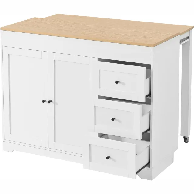 MUVANO Wit keukeneiland op wielen - Keukentrolley met 3 lades en 2 deuren - MDF met werkblad in houtlook - 120 cm lang en 92 cm hoog - Voor de keuken