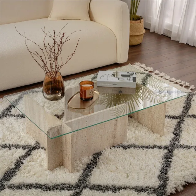 Skye Decor Vente-unique Salontafel van gehard glas - Travertijn-effect, beige en transparant - AZRA
