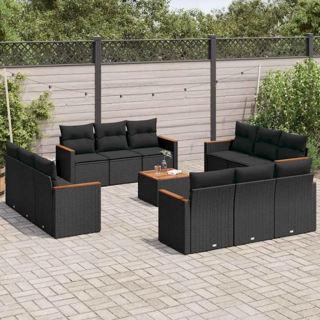 vidaXL 13-delige Loungeset met kussens poly rattan zwart, foto 2
