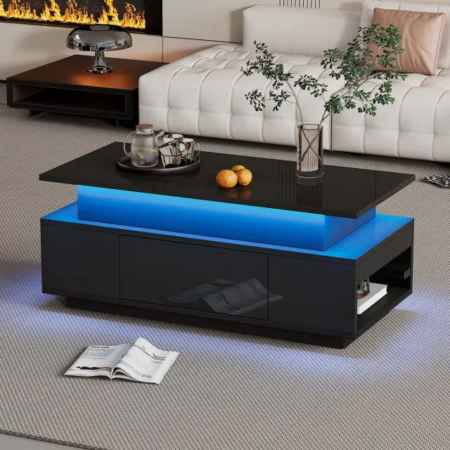 Merax Verstelbare koffietafel met LED-verlichting - opbergruimte en lade - 96x45x40 cm - salontafel voor de woonkamer - banktafel - zwart