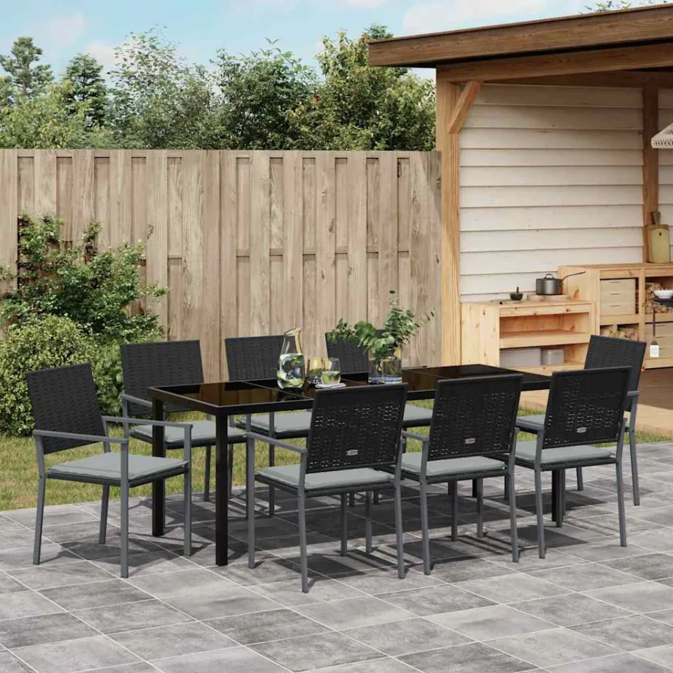 vidaXL Tuin eettafelset 9 st Zwart en Licht Grijs PE Rattan, foto 3