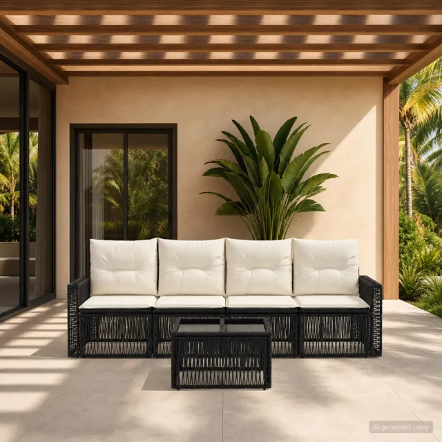 vidaXL Tuinbankenset 5 st 4-zits Zwart en Cream Wit poly rattan, foto 2