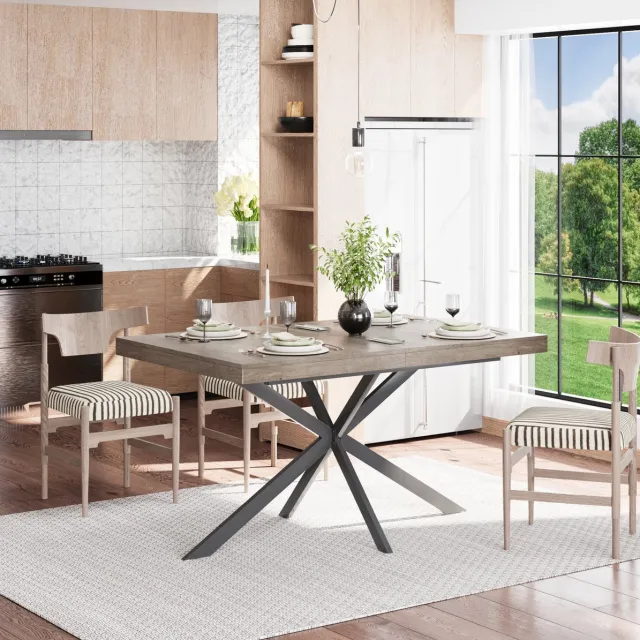 MEUNIQ Uitschuifbare rechthoekige eettafel 140-180 x 80 x 76 cm met verborgen opberglade en metalen X-poot, grijze tafel voor eetkamer, keuken of woonkamer Grijs