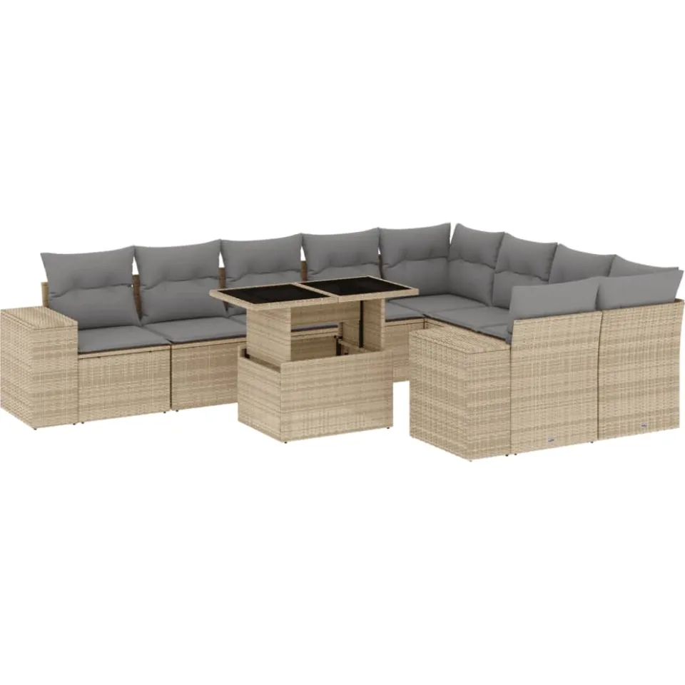 vidaXL 10-delige Loungeset met kussens poly rattan beige