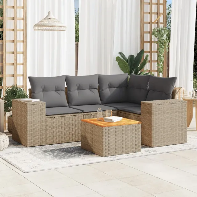 vidaXL 5-delige Loungeset met kussens poly rattan beige, foto 2
